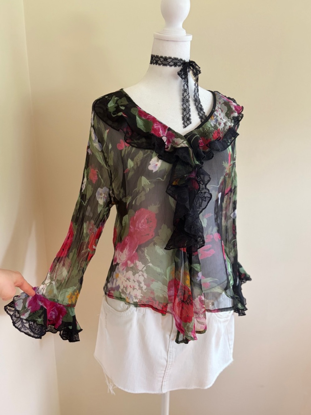 Vintage Y2K silk floral ruffle sheer black lace blouse fairy coquette whimsy M-L - Picture 3 of 12